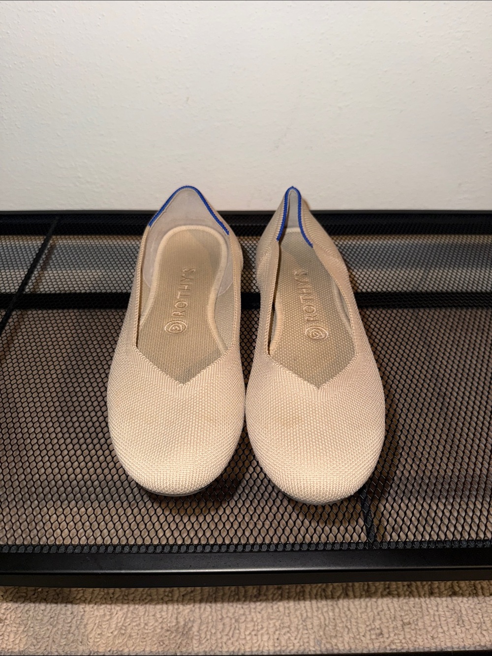 Rothy’s Knit Ballet Flats in Beige with Blue Trim
